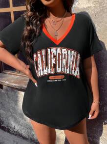 Flirla Áo thun Plus size Tương phản ràng buộc Lá thư Giải trí - màu đen - Xem 4