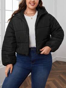 SHEIN Essnce Plus Zip Up Hooded Padded Coat - Black - View 1