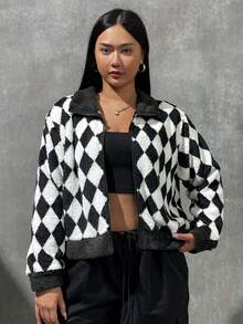 SHEIN Coolane 大碼菱形印花拼接領毛絨夾克 - 黑與白 - 查看 6