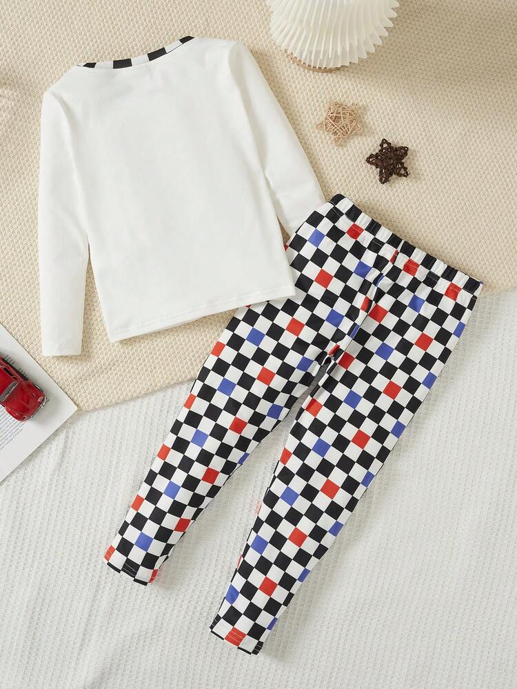 Young Boy Car & Letter Graphic Tee & Checker Print Pants Snug Fit PJ Set