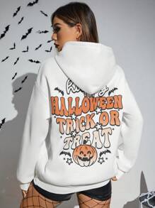 PUNK Halloween Print Drop Shoulder Hoodie - White - View 5