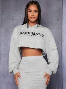 SHEIN PETITE Đồ họa Chữ cái Thả vai Áo hoodie ngắn - Màu Xám nhạt - Xem 1