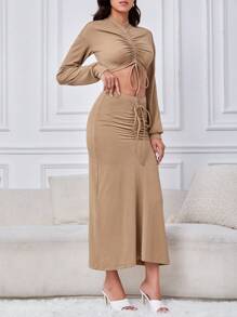 SHEIN Tall Drawstring Front Crop Top & Skirt - Khaki - View 4
