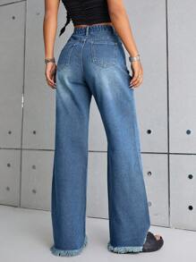 SHEIN ICON Raw Hem Wide Leg Jeans - Medium Wash - View 3