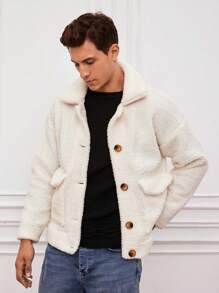 RueChic Men 1pc Flap Pocket Drop Shoulder Teddy Jacket - Beige - View 1