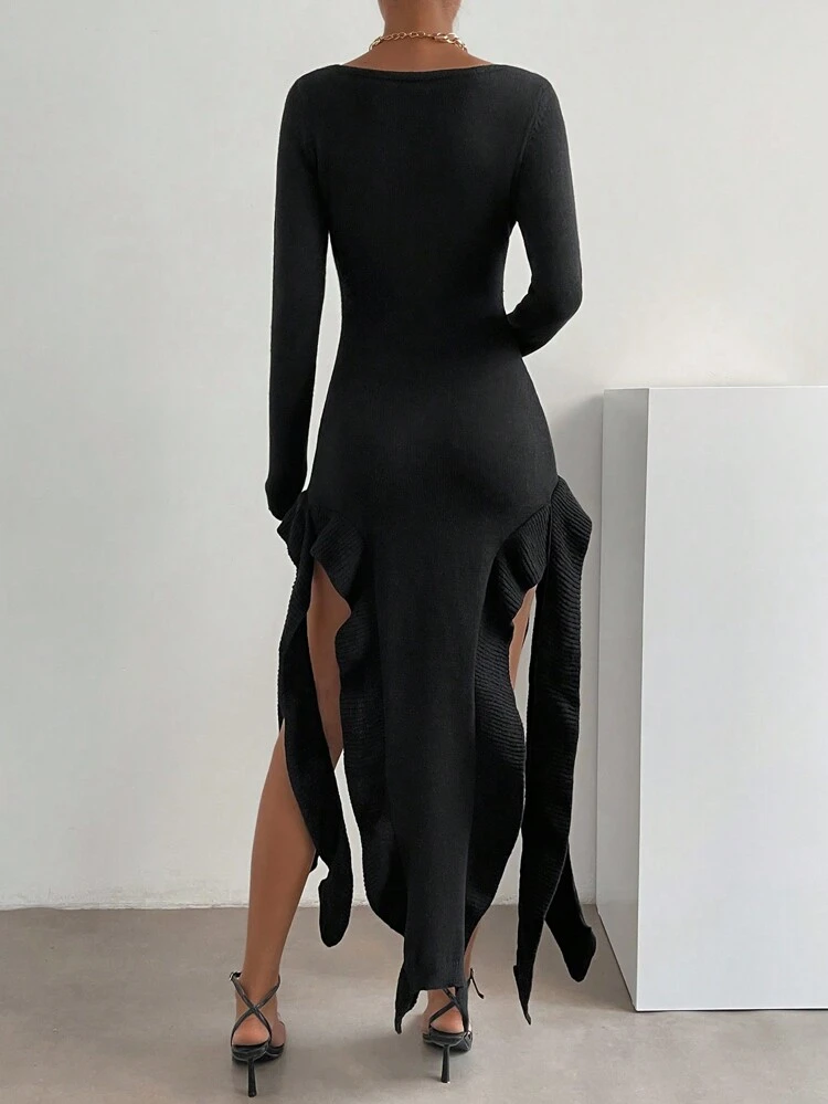 Scoop Neck Ruffle Trim Split Thigh Sweater Dress Fall Cloth For Women
