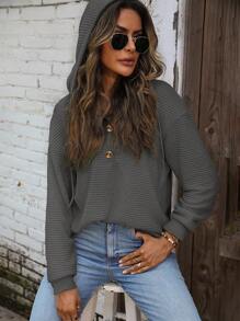 SHEIN LUNE 半排扣落肩袖抽繩連帽衫 - 深灰色 - 查看 7