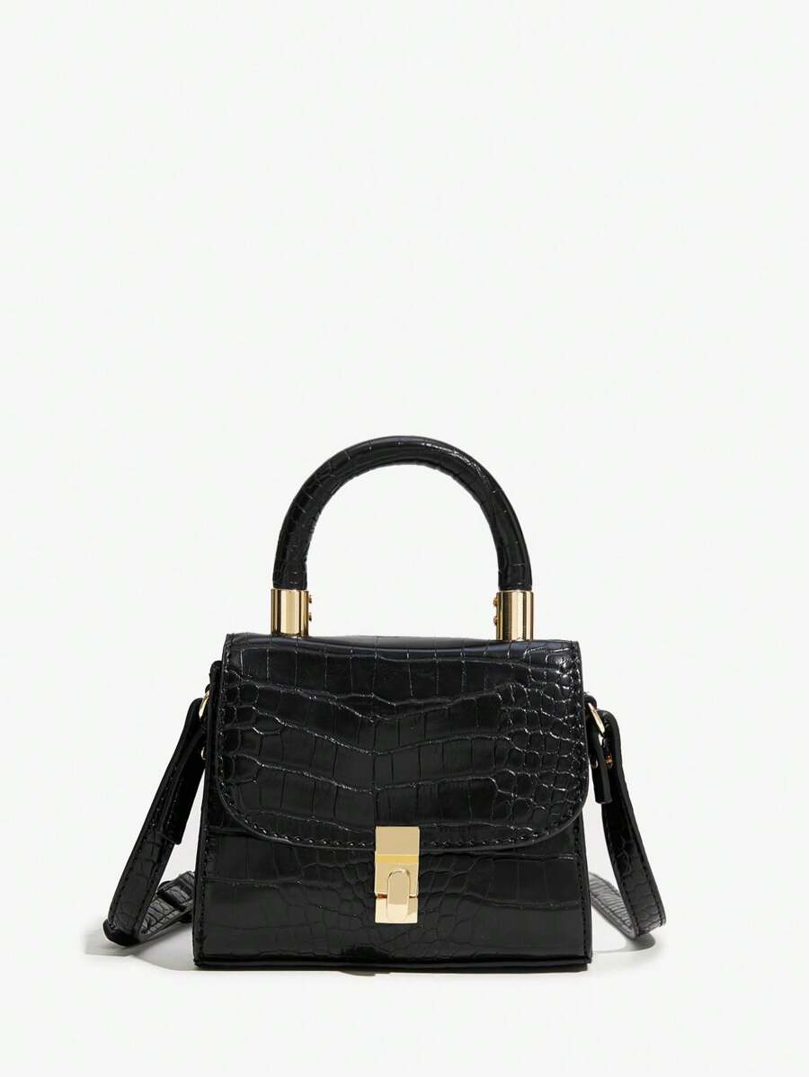 SHEIN SXY 黑色翻動套簡約風手提包 - 黑色 - 查看 1