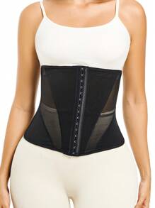 Mesh Panel Hook & Eye Front Waist Trainer - Black - View 3