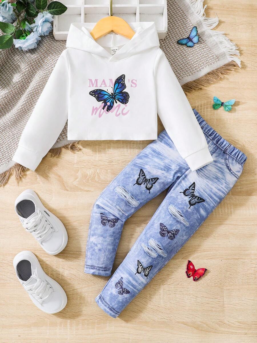 SHEIN 女小童蝴蝶和字母圖案連帽衫&牛仔效果牛仔褲