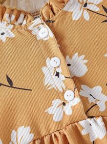 SHEIN Young Girl Floral Print Ruffle Hem Smock Dress - Brown - View 3