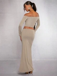 SHEIN BAE Off Shoulder Top Cây trồng & Váy nàng tiên cá - Màu Xám nhạt - Xem 2