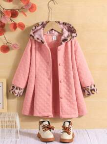 SHEIN Young Girl 1pc Leopard Pattern Fuzzy Trim Hooded Coat - Pink - View 3