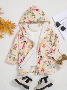 SHEIN Young Girl Figure and Letter Graphic Teddy Lined Hooded Coat Without Sweater - Apricot - View 1