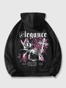 ROMWE MEN Street Life 男士字母與蝴蝶印花拉鍊抽繩連帽衫 - 黑色 - 查看 2