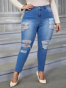 SHEIN Privé Plus High Waist Ripped Skinny Jeans - Dark Wash - View 5