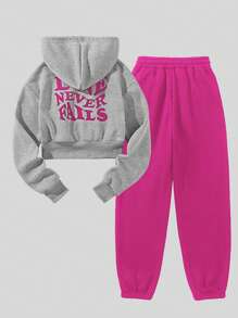 SHEIN Unity 字母圖案加絨內裏連帽衫和運動褲 - 彩色 - 查看 3