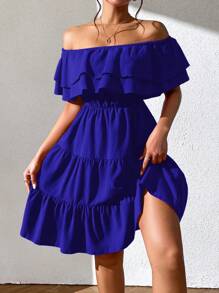 Chiquease 休閒荷葉邊 揉皺 多層分層純色女士連衣裙 - 寶藍色 - 查看 3