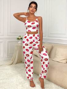 Lip Print Cami Top & Pants PJ Set / Pajama Set White Set Bridallingerie - White - View 5