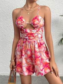 Soleia 印花鏤空褶邊吊帶連體短褲 - 玫紅色 - 查看 5