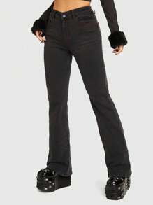 ROMWE Grunge Punk Cross Embroidery Flare Leg Jeans - Black - View 7