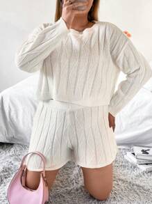 Flirla Plus Drop Shoulder Sweater & Knit Shorts - White - View 7