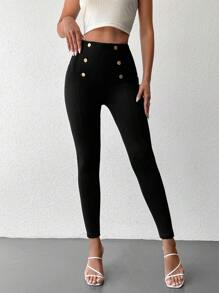 EURMUSE Sexy Button-Accent Form-Fitting 7/8 Length Pants - Black - View 1