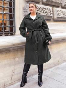 RueChic Plus Button Through Belted Overcoat - Dark Grey - View 5