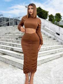 SHEIN SXY 褶邊抽繩短款連帽衫和褲子 - 棕色 - 查看 4