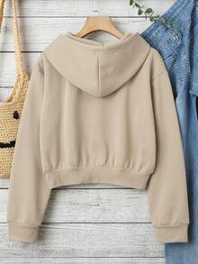 SHEIN Essnce 豹紋&字母圖案加絨內裏抽繩短款連帽衫 - 卡其色 - 查看 2