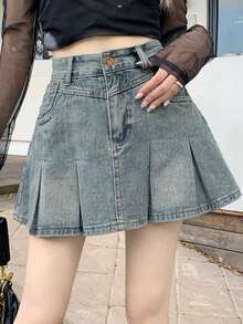 素色百褶細節牛仔半身裙 - 藍色 - 查看 4