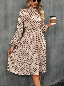 SHEIN LUNE Allover Print Mock Neck Pleated Hem Dress - Apricot - View 5