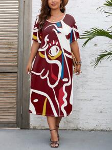 SHEIN EZwear Plus Eye Print Tee Dress - Multicolor - View 1