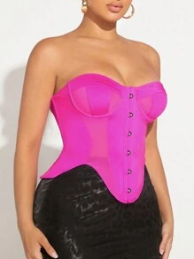 SHEIN SXY Chất rắn Bustier Bandana Hem Ống ngọn - Màu Hồng Tươi - Xem 3