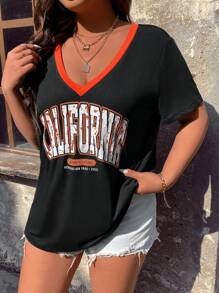 Flirla Áo thun Plus size Tương phản ràng buộc Lá thư Giải trí - màu đen - Xem 8