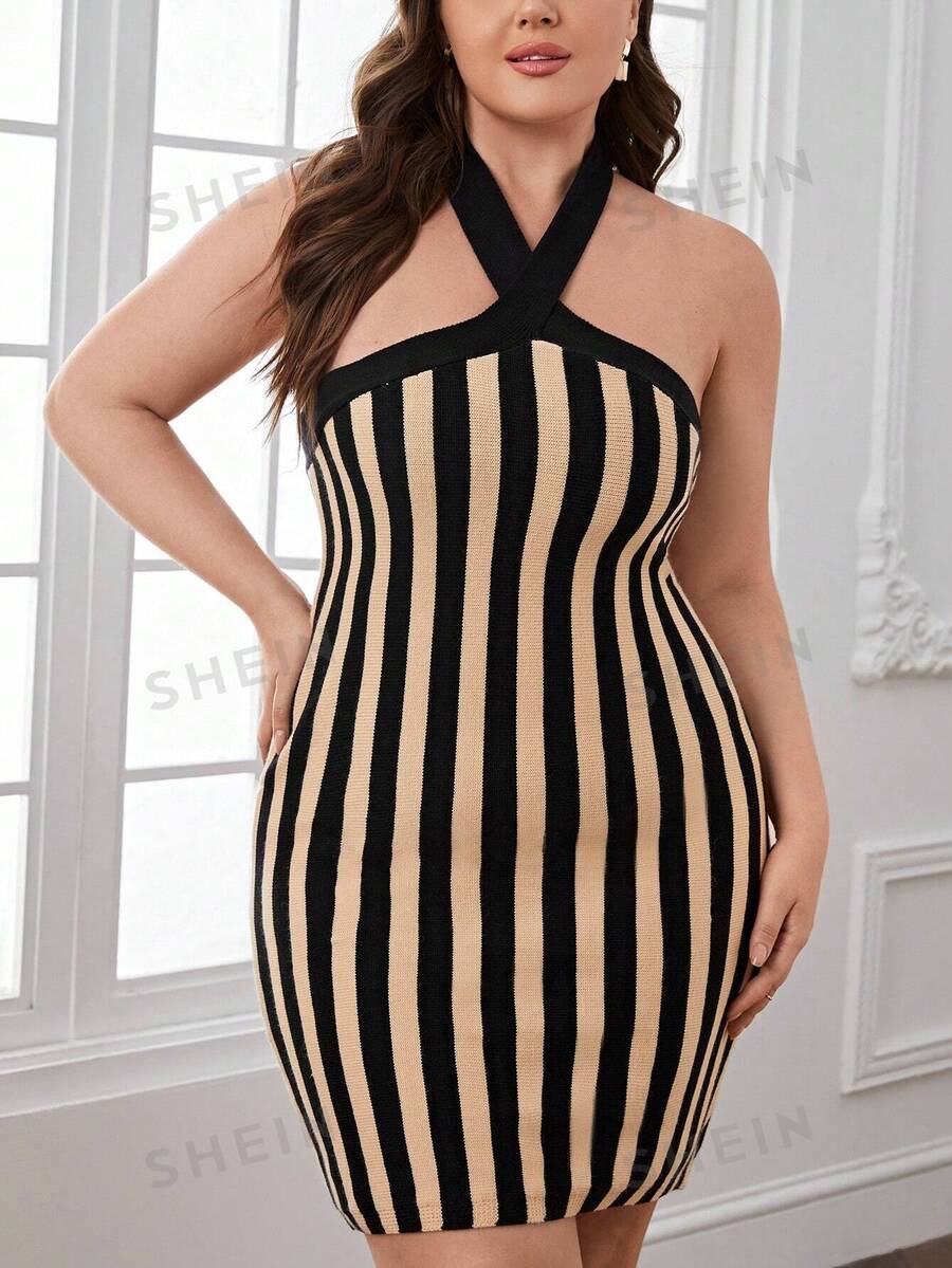 SHEIN Privé Plus Striped Pattern Halter Neck Backless Sweater Dress - Multicolor - View 1