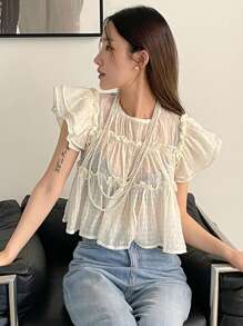 DAZY Chất rắn Lá sen tỉa Xù Hoa Sen Áo sơ mi - Màu be - Xem 1