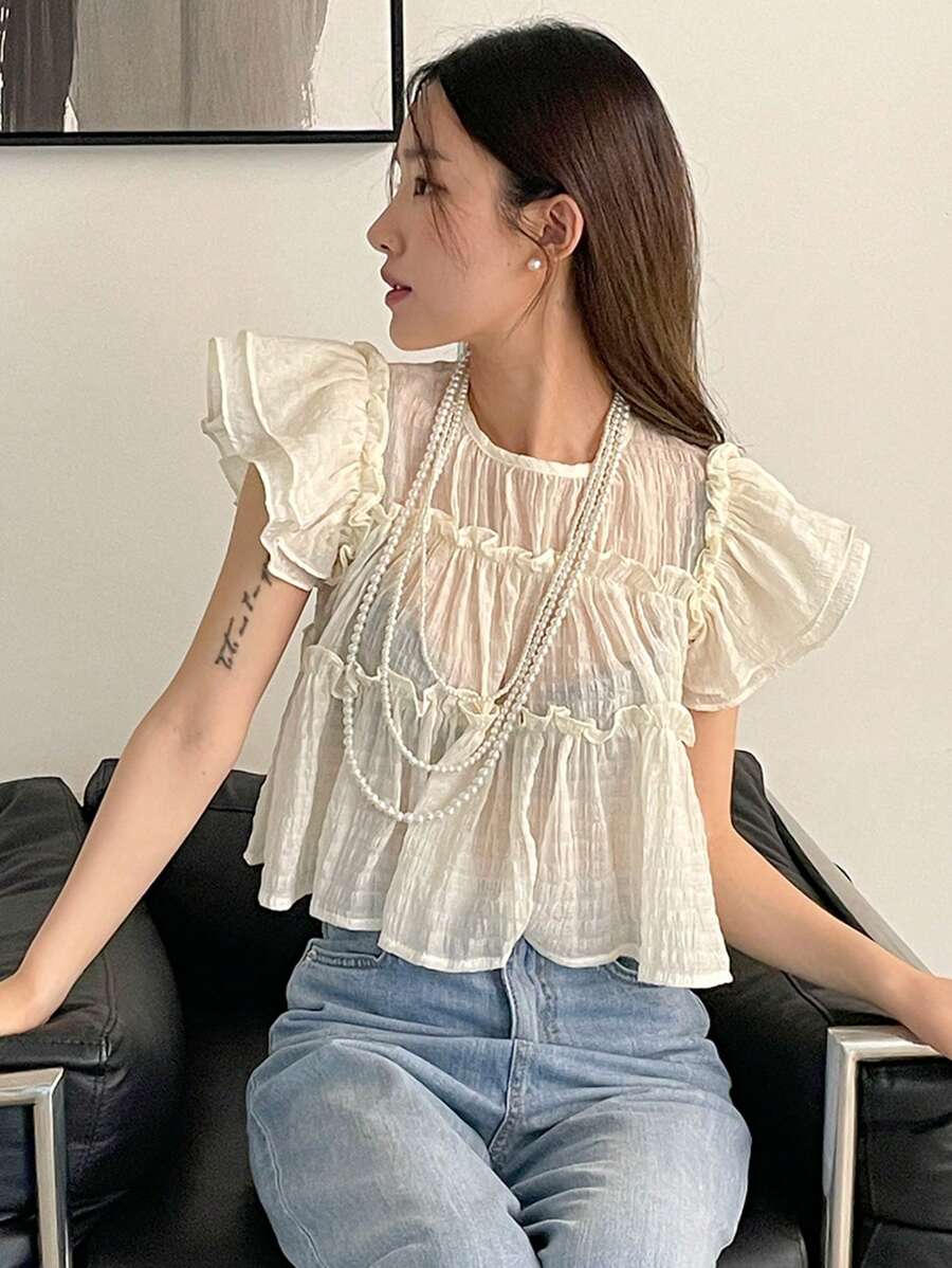 DAZY Chất rắn Lá sen tỉa Xù Hoa Sen Áo sơ mi - Màu be - Xem 1