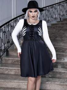 SHEIN LUNE Plus Halloween Skeleton Hand Print Lace Up Front Dress Without Tee - Black - View 4