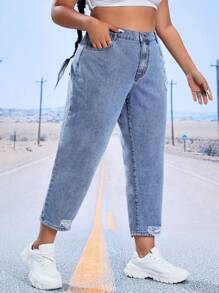 SHEIN EZwear Plus High Waist Ripped Mom Fit Jeans - Light Wash - View 4