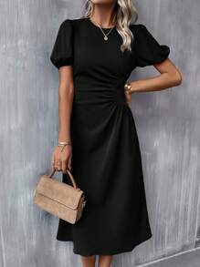 SHEIN Clasi Vestido de manga farol fruncido lateral - Negro - Ver 6