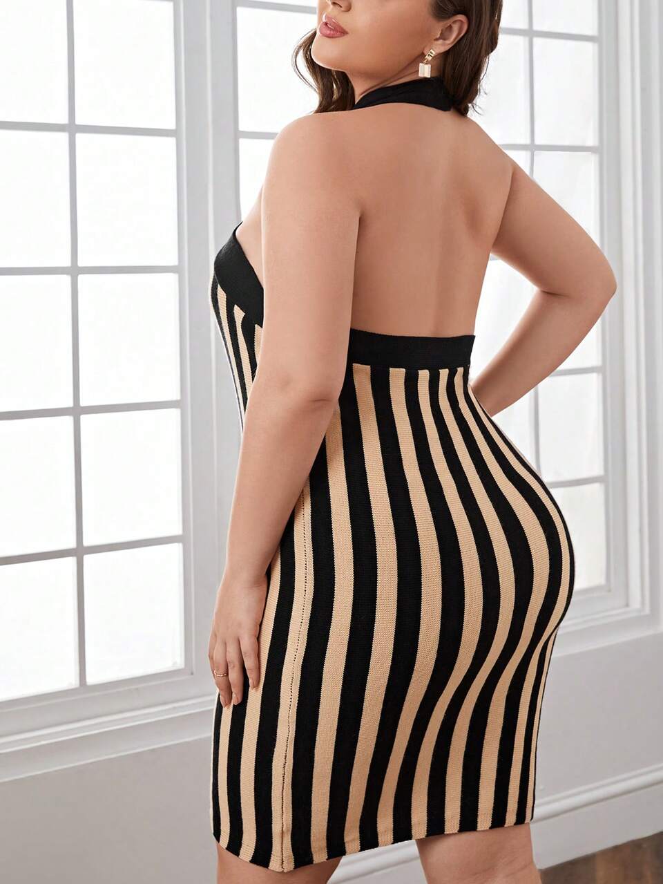 Plus Striped Pattern Halter Neck Backless Sweater Dress