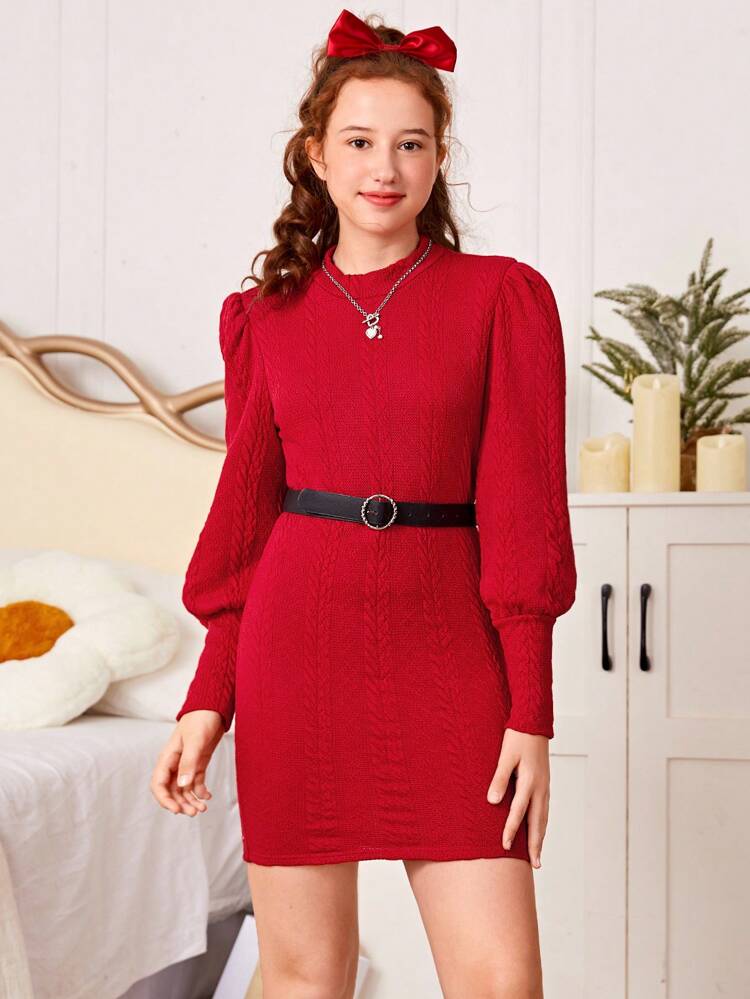 Teen Girl Lantern Sleeve Cable Knit Dress Without Belt for Christmas