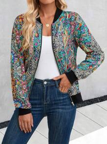 SHEIN LUNE Paisley Print Zip Up Bomber Jacket Fall Winter Cloth For Women - Multicolor - View 5