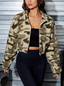 SHEIN EZwear Chaqueta teddy con hombros caídos y estampado de camuflaje - Multicolor - Ver 5