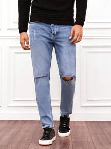 RueChic Men Ripped Straight Leg Jeans - Light Wash - View 1