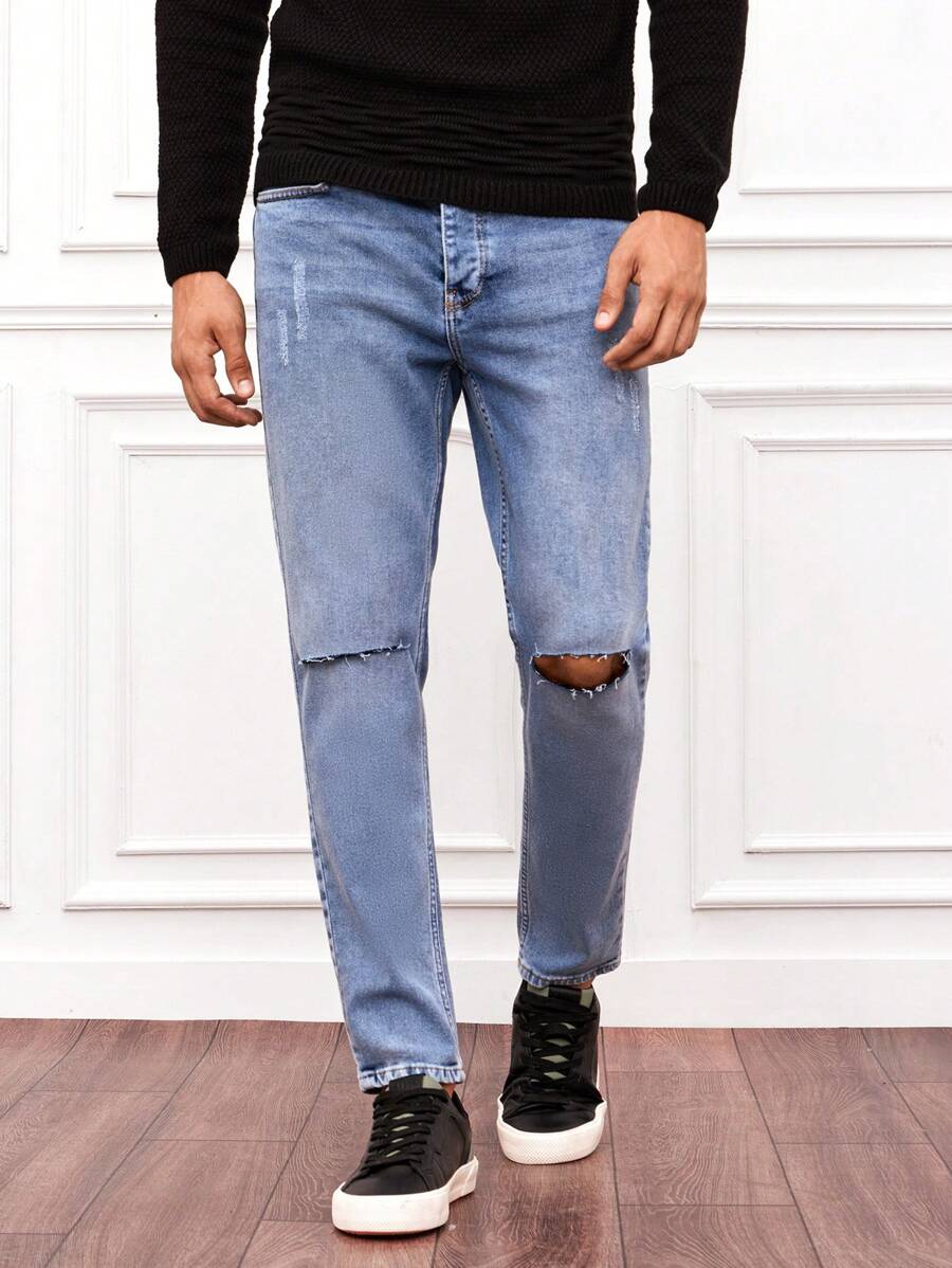 RueChic Men Ripped Straight Leg Jeans - Light Wash - View 1