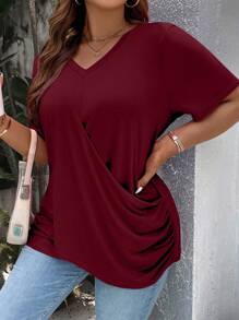 EMERY ROSE T-shirt arricciata e avvolta tinta unita di taglia forte - Bordò - Visualizzare 3