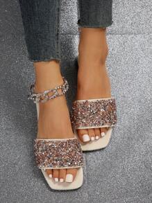 新品到貨女性平底穆勒鞋鞋涼鞋,大碼,性感 - 金色 - 查看 2