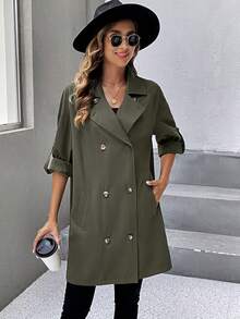 SHEIN LUNE 捲邊袖雙排釦風衣外套 - 墨綠色 - 查看 5